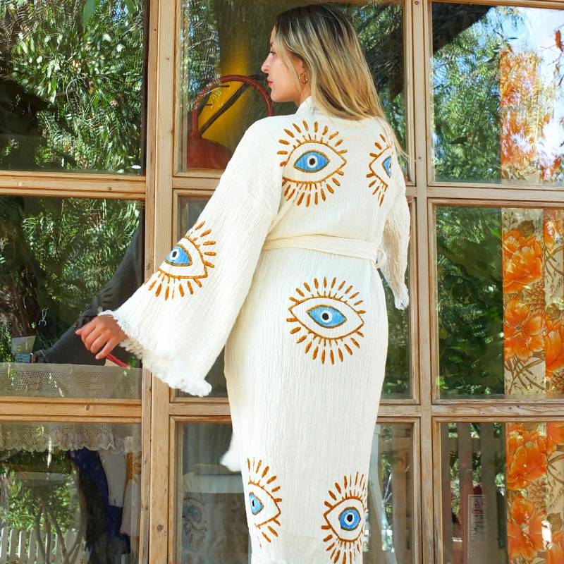 Bio-Baumwoll-Musselin Kimono Robe Extra Weicher Handgefertigter Evil Eye Kaftan von yumeniaCo
