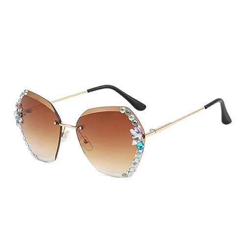 yuwqqoajv Modische Strass Sonnenbrille für Damen – glänzende, beständige, klassische PC Sonnenbrille, rahmenlose Vintage Sonnenbrille mit ovalem Gesicht, Tawny von yuwqqoajv