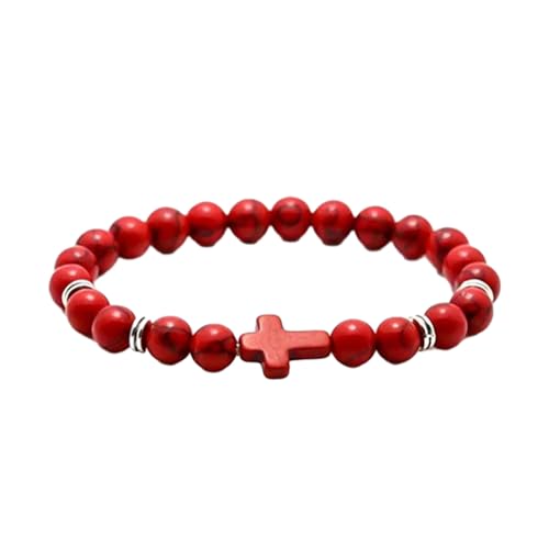 yuwqqoajv Modisches Naturstein Armband mit Kreuz Anhänger, stilvolles Accessoire, modische Akzente, Naturstein Perlen Armband, Rot von yuwqqoajv