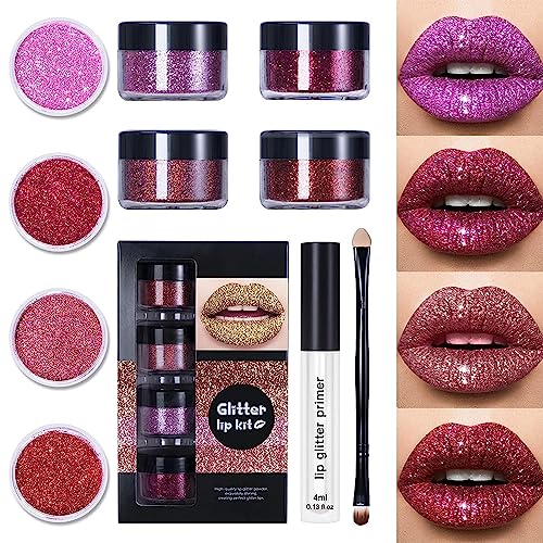 Kawaii Kisses Glitter Lip Kit, 2023 Neue 4 Farben Glitter Lip Kit Gloss, Kawaii Glitter Lippenstift, Glitter Lippenstift Make-up mit Lippengrundierung und Pinsel, wasserdichtFür Mädchen Damen (A) von yuyuanDO