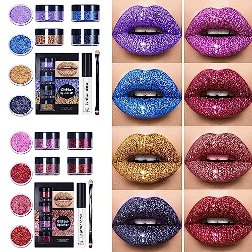 Kawaii Kisses Glitter Lip Kit, 2023 Neue 4 Farben Glitter Lip Kit Gloss, Kawaii Glitter Lippenstift, Glitter Lippenstift Make-up mit Lippengrundierung und Pinsel, wasserdichtFür Mädchen Damen (AB) von yuyuanDO