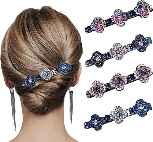 Satin Fabric Hair Bands, 4/8Pcs Three Flower Side Hair Clip, Crystal Stone Braided Hair Clips, Ladies Sparkling Rhinestone Flower Hair Clip Styling Sectioning, Gifts for Women Girls (4Stück) von yuyuanDO