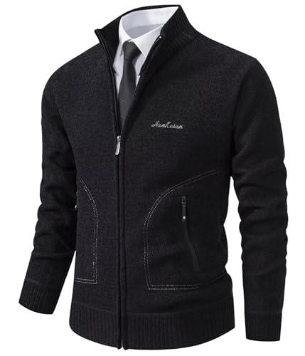 yuyungongsi Strickjacke Herren Cardigan Pullover - Gestrickt Trachtenjacke Cardigan Herren Grau Schwarz mit Taschen Pullover Winter Strickjacke mit Reißverschluss für Herren 8938 Schwarz L von yuyungongsi