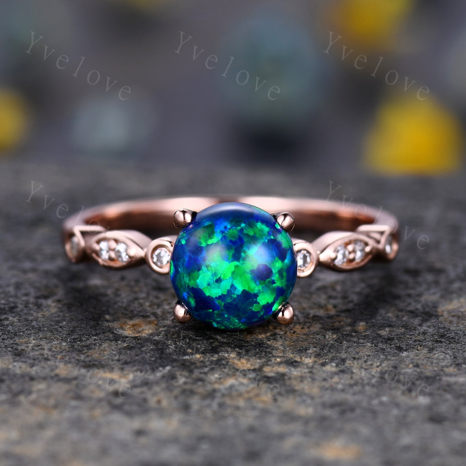 7mm Vintage Schwarzer Opal Verlobungsring, Art Deco Ring, Diamant Milgrain Band, Frauen Braut Ring Set, Jahrestag Schmuck Oktober Geburtsstein von yvelove