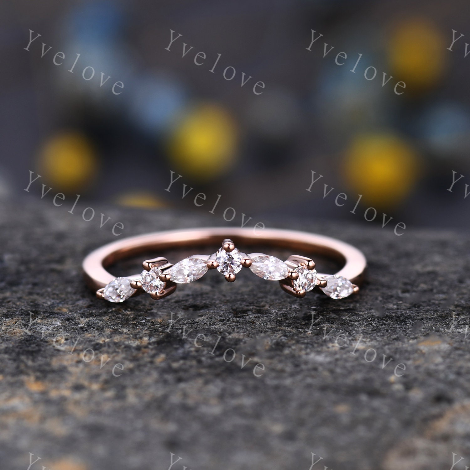 Danity Geschwungene Form Stapelband Echte Diamant Ehering Band 14K Rose Gold Art Deco Marquise von yvelove