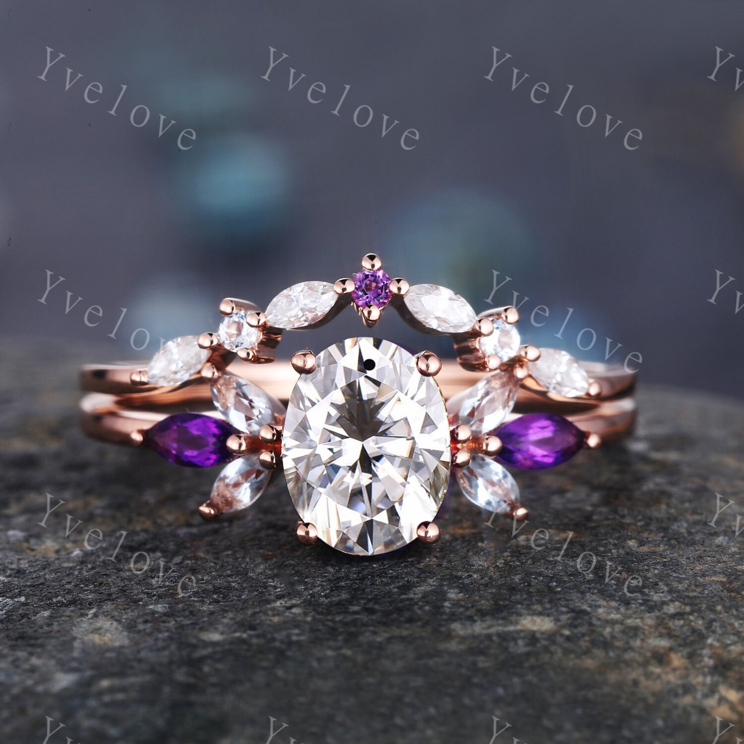 Moissanit Ring Set Frauen Verlobungsring Diamant/Moissanit Band Rose Gold Art Deco Floral Ehering Jahrestag Geschenk Für Sie von yvelove