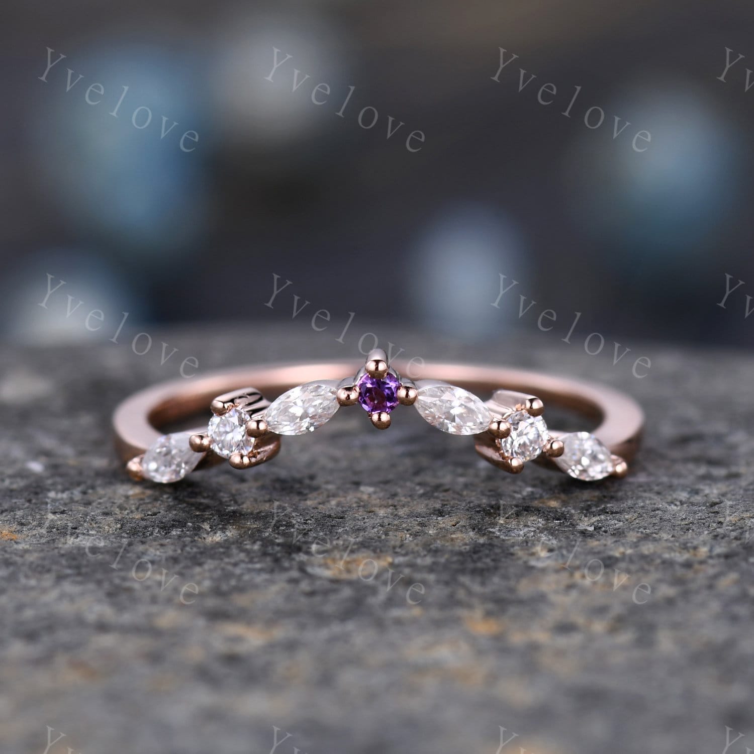 Natürlicher Amethyst Passendes Band Geschwungene Form Stapelband Diamant Ehering 14K Rosegold Art Deco Marquise Passendes Personalisiertes Geschenk von yvelove