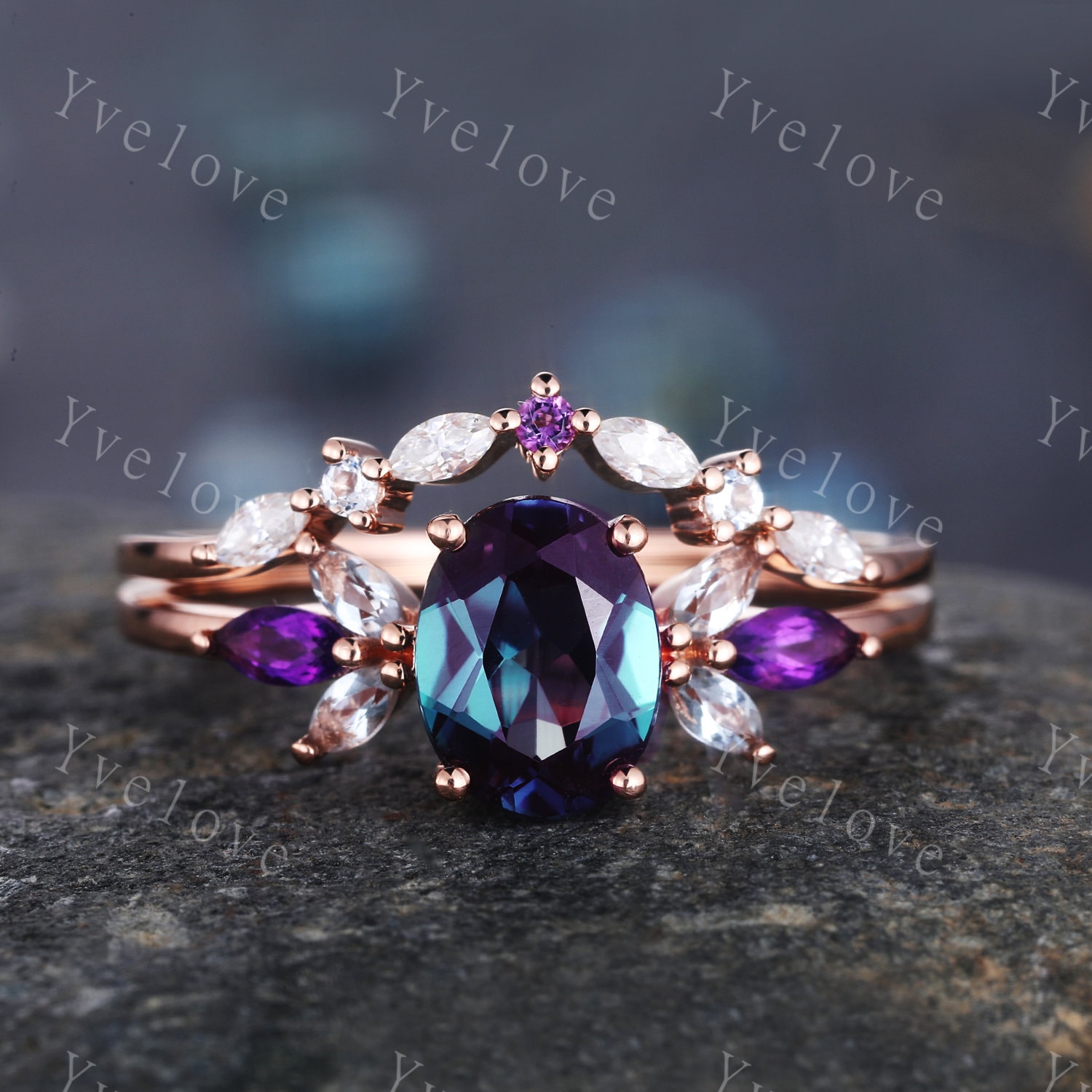 Vintage Alexandrit Verlobungsring Set Rosegold Frauen Moissanit Amethyst Edelstein Band Versprechen Brautring Geschenk Für Sie von yvelove