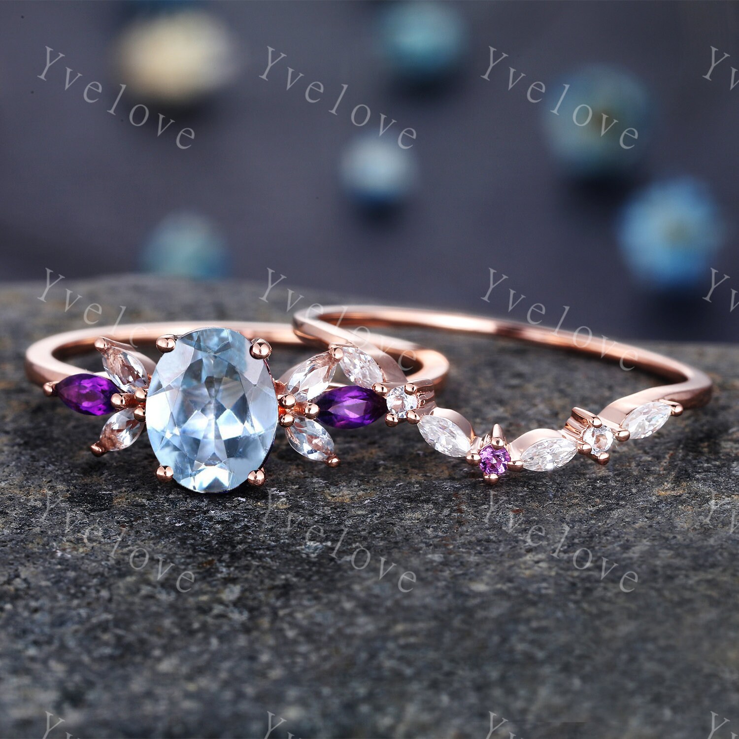 Vintage Aquamarin Verlobungsring Set Unikat Rosegold Oval Schliff Braut Art Deco Amethyst Geschwungenes Vorsteckband Verlobungsringe Jahrestagsringe von yvelove