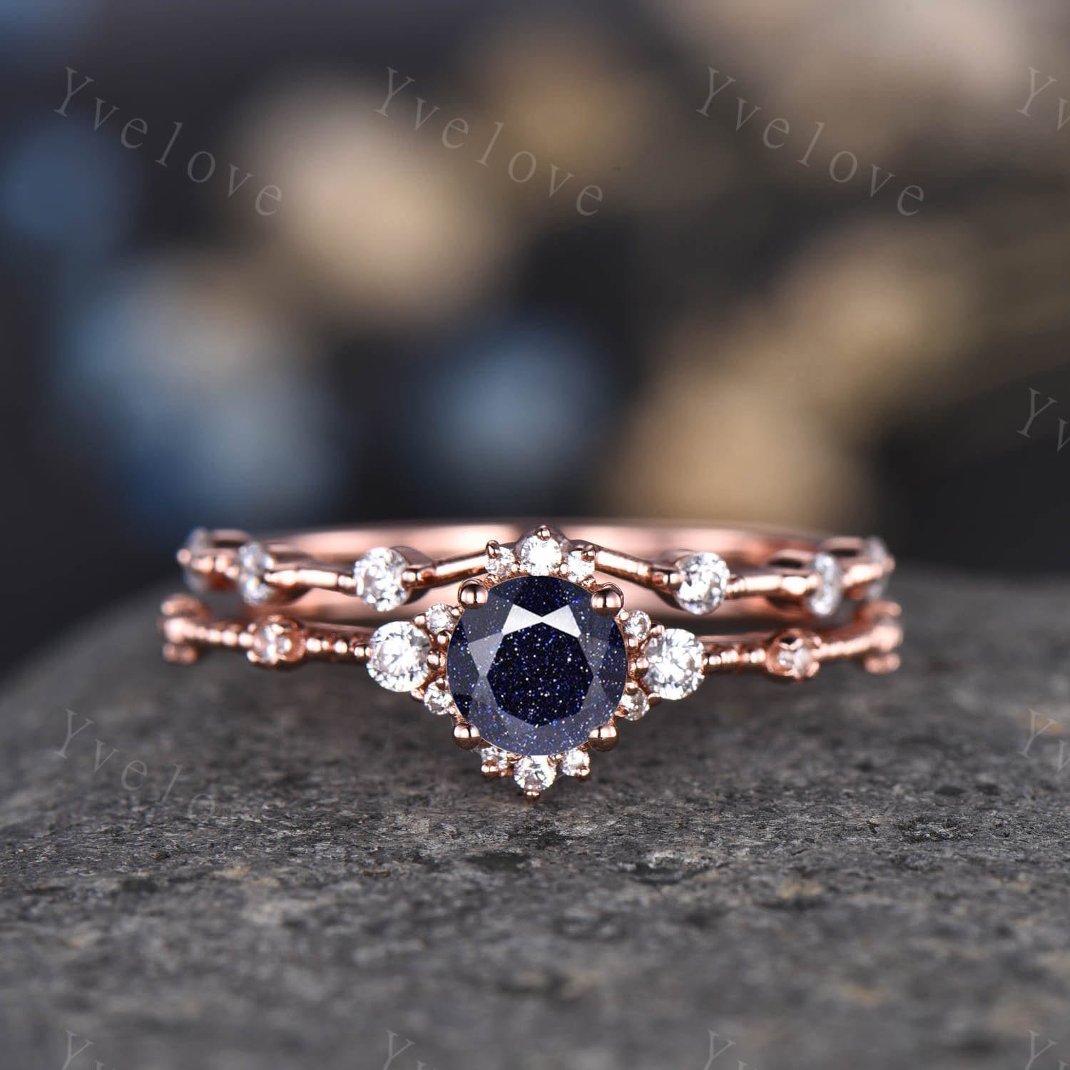 Vintage Blauer Sandstein Verlobungsring Set Roségold Diamant Ehering Stapelring Eternity Band Floral Schmuck Jahrestag Geschenk von yvelove