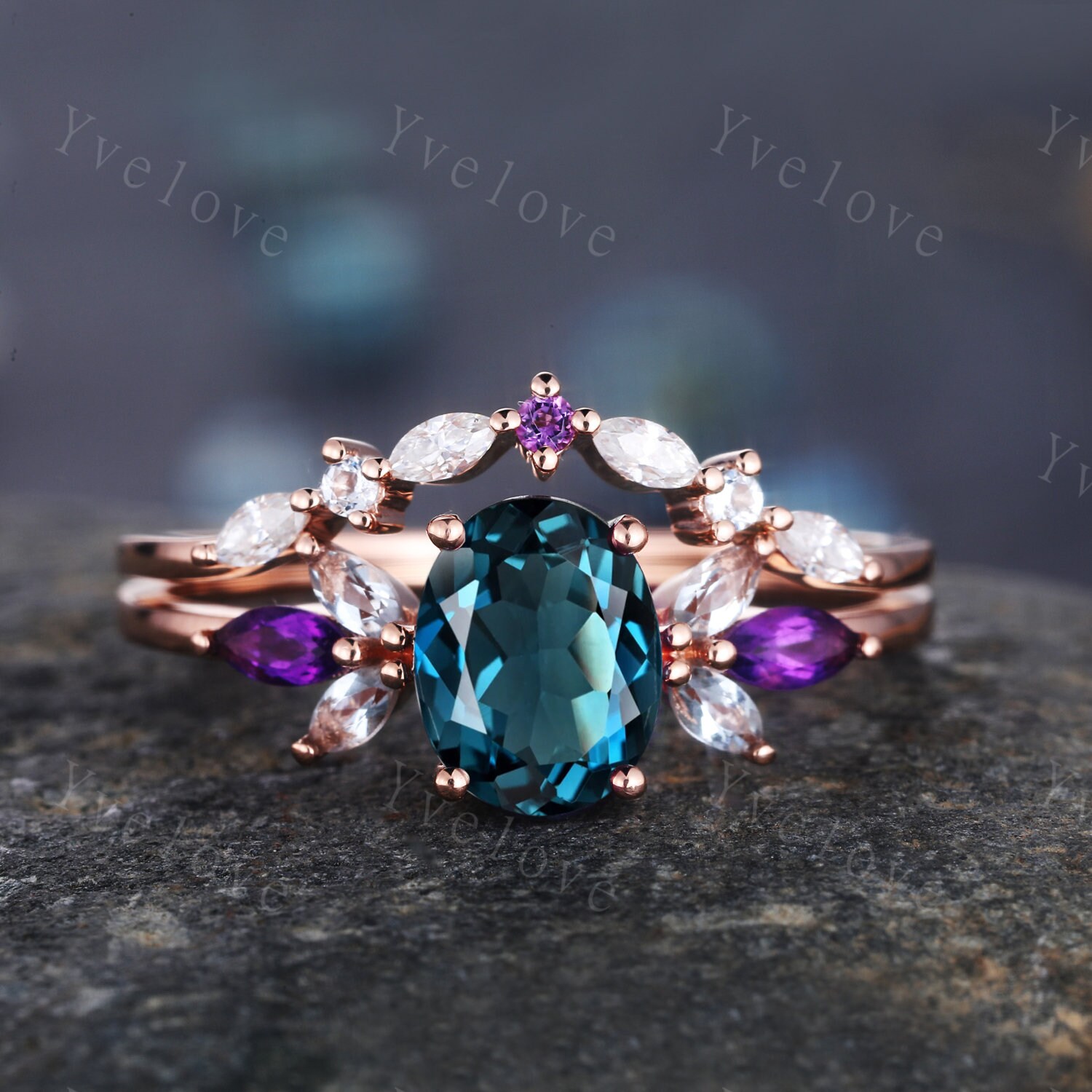 Vintage London Blue Topas Verlobungsring Set, Rose Gold Damen Moissanit Amethyst Band, Passendes Band Versprechen Frauen Stapelring Set Geschenk von yvelove