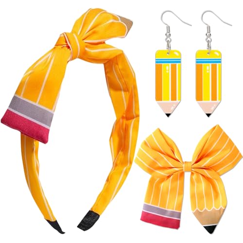 ywevyezc 3 x Haarbänder für den Schulanfang, Haarschleifen, Zubehör für Mädchen, Bleistiftschleifen, Clips, Stirnband, Schulanfang, Geschenk für Schüler (gelb) von ywevyezc