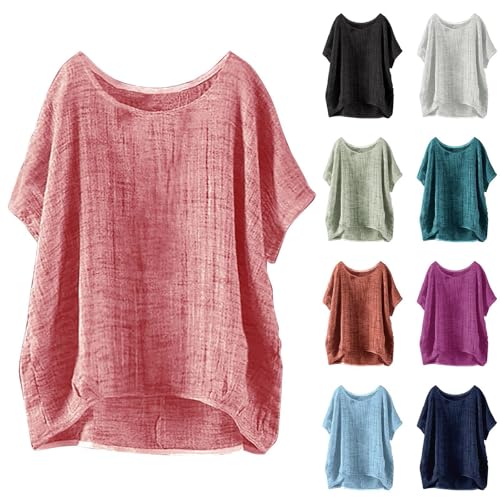 zakuwyelik Leinenbluse Damen Bluse Tunika Damen Sommer Kurzarm V-Ausschnitt Große Größen musselin Blusenshirt Damen Leinen Baumwolle Hemd Oberteile Druck Shirt von zakuwyelik