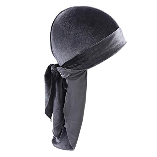 zalati Durag Cap Kopfbedeckung Piratenkopf Wraps Samt Langer Schwanz Einfarbig Bandana Turban Hut für Damen Herren Grau von zalati