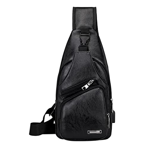 zalati Leder geneigte Umhängetasche Herren PU Brust Tragbare Reisetasche Crossbody Geldbörse Crossbody Rucksack mit USB Ladeanschluss für Outdoor Sport Gymnastik Wandern Radfahren Schwarz, Schwarz von zalati