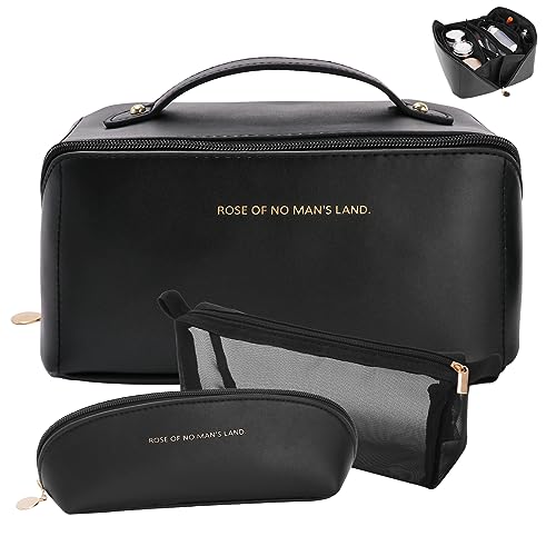 zaleeta Reise-Make-up-Tasche, 3er-Set, große Kapazität, Kosmetik-Organizer-Taschen für Damen, wasserdicht, PU-Leder, Kulturbeutel, weit offen, flach, Make-up-Tasche mit Trennwand und Griff, Schwarz, von zaleeta