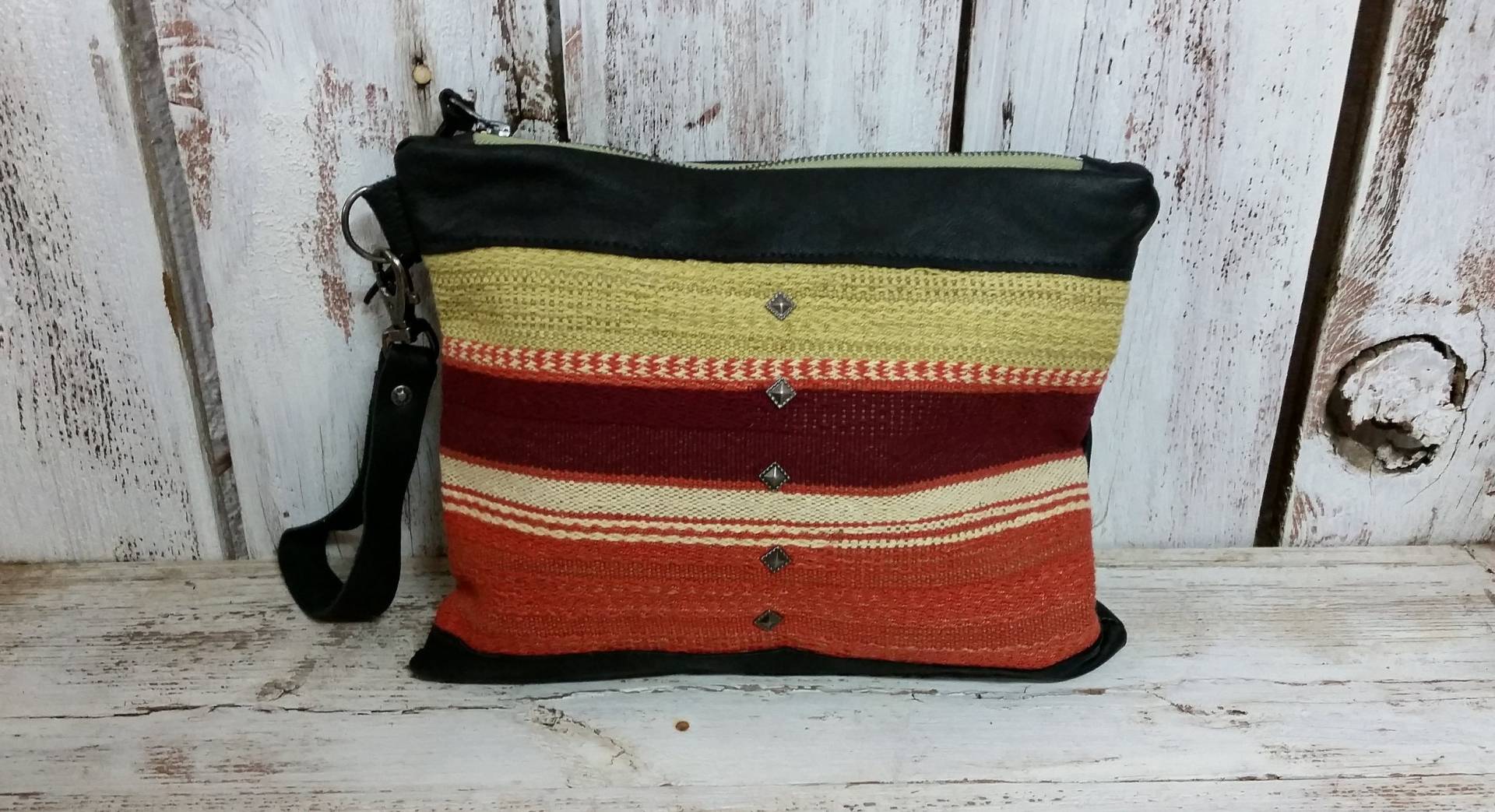 Earthtone Textile Black Leather Pouch Essentials Phone Clutch Wristlet Earthtone Textile Black Leather Pouch Essentials Phone Clutch Wristlet von zazubagz