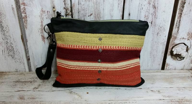 Earthtone Textile Black Leather Pouch Essentials Phone Clutch Wristlet von zazubagz