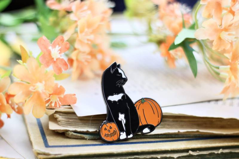 Emaille Pin - Autumn Nights Schwarze Katze Mit Kürbis Halloween von zeilenzumtee