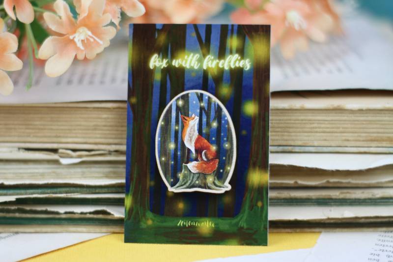 Holz Pin - Fuchs Mit Glühwürmchen Im Wald Anstecknadel Brosche Eigene Illustration von zeilenzumtee