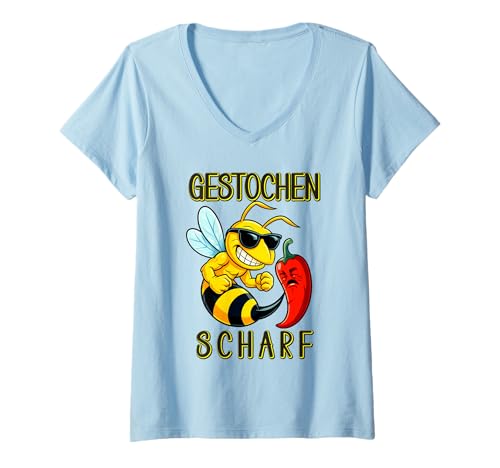 Damen Gestochen Scharf – Lustige Biene sticht Peperoni Helles T-Shirt mit V-Ausschnitt von zeitzone4design Faulheit & Humor
