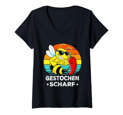 Damen Gestochen Scharf – Lustige Biene sticht Peperoni Retro T-Shirt mit V-Ausschnitt von zeitzone4design Faulheit & Humor