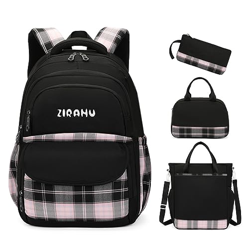 zeizafa 2023 Neue modische Büchertaschen für Mädchen, Grundschüler, vielseitiger Rucksack, Schultasche, Umhängetasche, Lunchtasche, Federmäppchen, Schwarz , 4-teilig von zeizafa