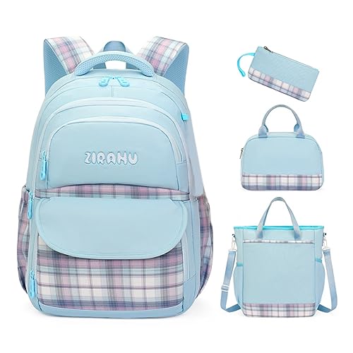 zeizafa 2023 Neue modische Büchertaschen für Mädchen, Grundschüler, vielseitiger Rucksack, Schultasche, Umhängetasche, Lunchtasche, Federmäppchen, blau, 4-teilig von zeizafa