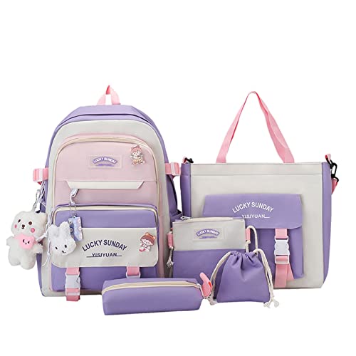 zeizafa 5-teiliges Schulrucksack-Set mit großer Kapazität, Schultasche für Teenager, Mädchen, Tagesrucksack, niedliche Umhängetasche, Handtasche, Federmäppchen, violett, Size reference picture von zeizafa