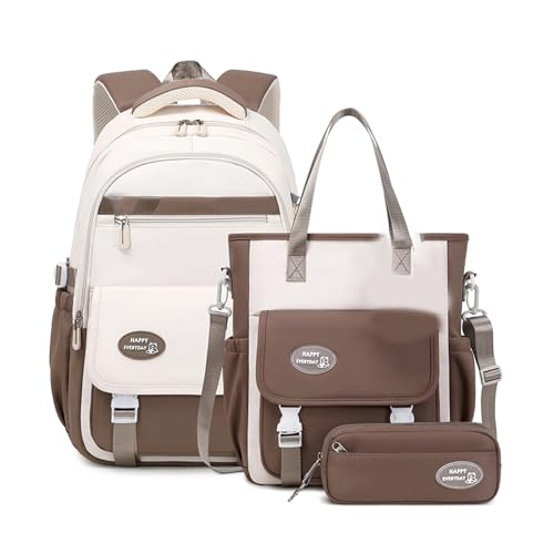 zeizafa Modische Büchertaschen, vielseitiger Rucksack, Schultasche, Umhängetasche, Handtasche, Federmäppchen, Set für Mädchen, Grundschüler, coffee, three piece set von zeizafa