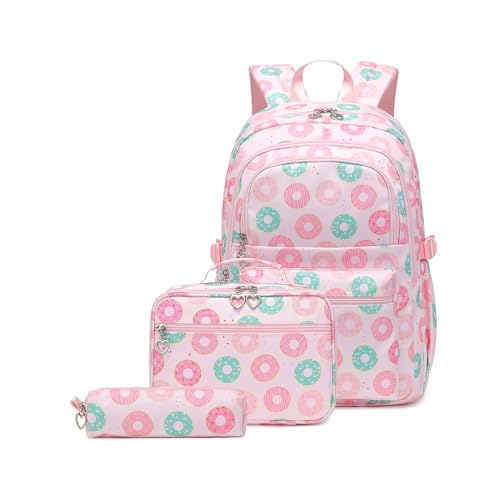 zeizafa Niedliches Druck-Rucksack-Set mit Lunch-Tasche, Federmäppchen für Teenager, Mädchen, 3-teilig, Schultasche für Grundschüler, rose, Size reference picture von zeizafa