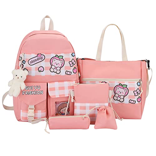 zeizafa Niedliches Rucksack-Set für Schule, Teenager, Mädchen, Tagesrucksack, niedlich, große Kapazität, Umhängetasche, Handtasche, Bleistift für Etui, 5-teilig, rose, Size reference picture von zeizafa