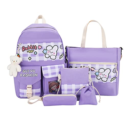 zeizafa Niedliches Rucksack-Set für Schule, Teenager, Mädchen, Tagesrucksack, niedlich, große Kapazität, Umhängetasche, Handtasche, Bleistift für Etui, 5-teilig, violett, Size reference picture von zeizafa