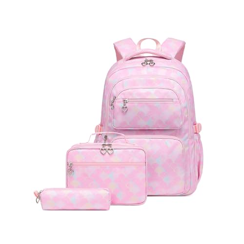 zeizafa Schulrucksack-Set aus Nylon, leicht, Teenager, Mädchen, bedruckt, Büchertaschen, isolierte Lunchtasche, Federmäppchen, Schüler, 3-teilig, rose, Size reference picture von zeizafa