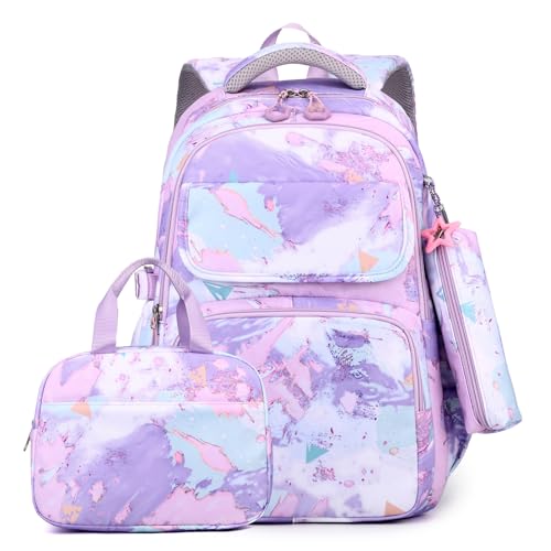 zeizafa Stilvoller und langlebiger Nylon-Rucksack mit Lunchtasche und Federmäppchen für Mädchen, geeignet für Schule, Reisen und den täglichen Gebrauch, violett, Size reference picture von zeizafa