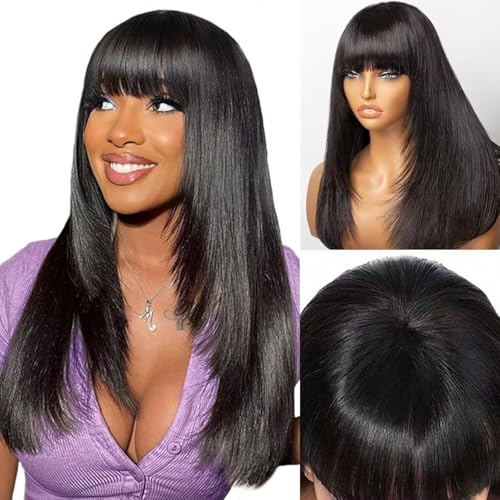 Straight Wig with Bangs Echthaar perücke Human Hair Wigs with Bangs Brasilianisches Perücken Echthaar Damen Glueless Brazilian None Lace Front Wig 18inch von zekan