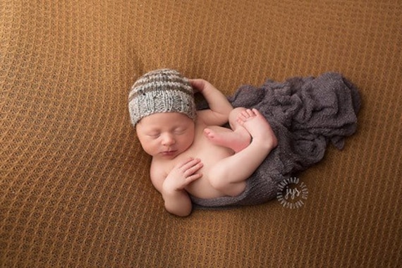 Handgestrickte Mütze Für Neugeborene Gestreifte Tweed Babymütze, Grau-Braun von zellashop