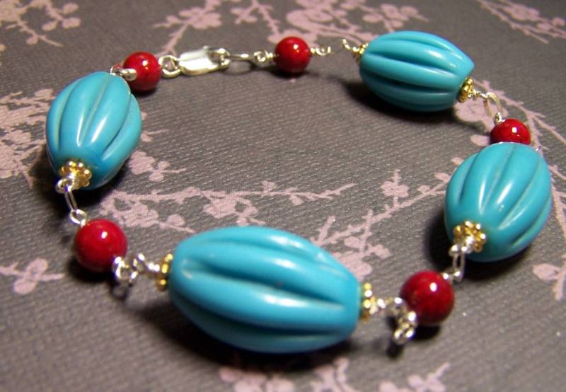 Geschnitztes Türkis Armband, Koralle Gold Vermeil, Sterling Silber, Schmuck, Blau Und Rot, Edelsteinschmuck von zencreations04