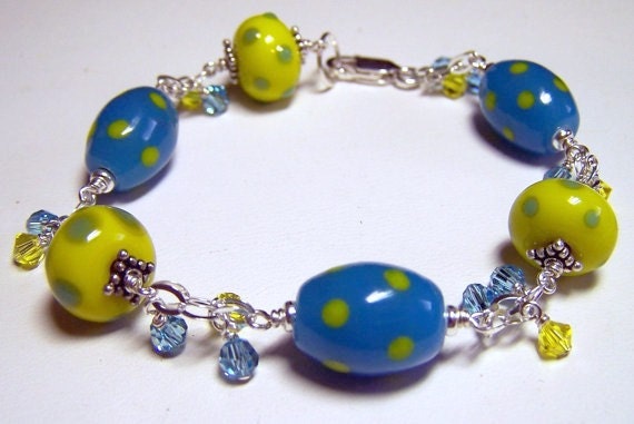 Glas Perlen Und Sterling Silber Armband - Gelb & Blau/Ausschluss Schmuck Geschenke Für Sie Kunst Gepunktet von zencreations04