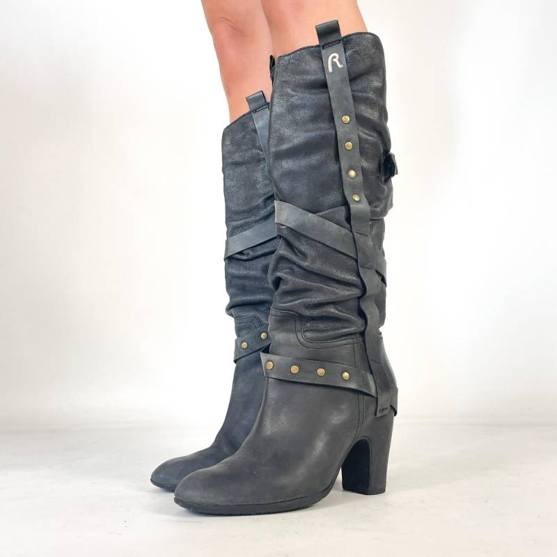 Dunkelblaue Replay Y2K Kniehohe Stiefel Aus Echtem Leder Mit Seitlichem Reißverschluss Und Schnallendetail Im Herbst-Retro-Revival-Look - Größe Eu von zephyry2k