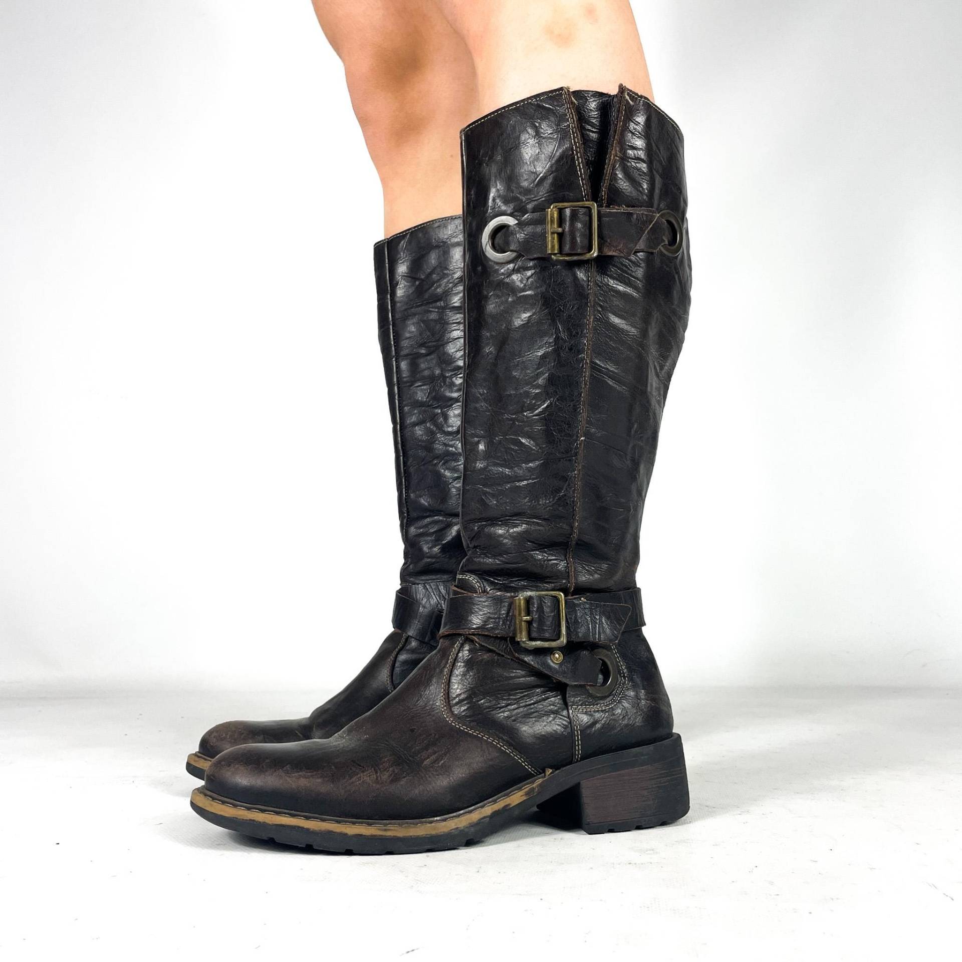 Dunkelbraune, Robuste Lederstiefel Mit Schnallendetail - Größe Eu 38/Uk 5 Us 7 von zephyry2k