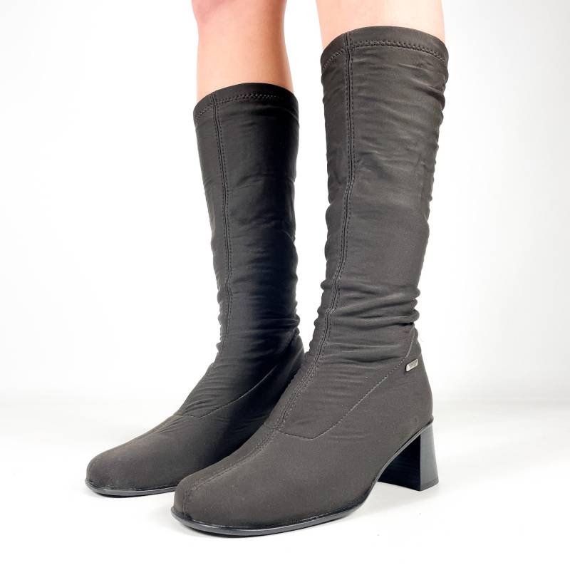 Dunkelbraune Stretch-Y2K-Stiefel Mit Mittellangem Blockabsatz, Größe Eu 38/Uk 5 Us 7 von zephyry2k