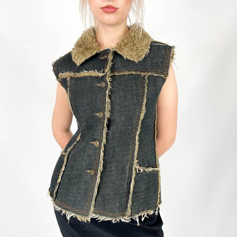 Dunkle Jeans Kunstfell Y2K Grunge Weste, Damen Boho Ärmellose Jacke, Größe S/Klein von zephyry2k