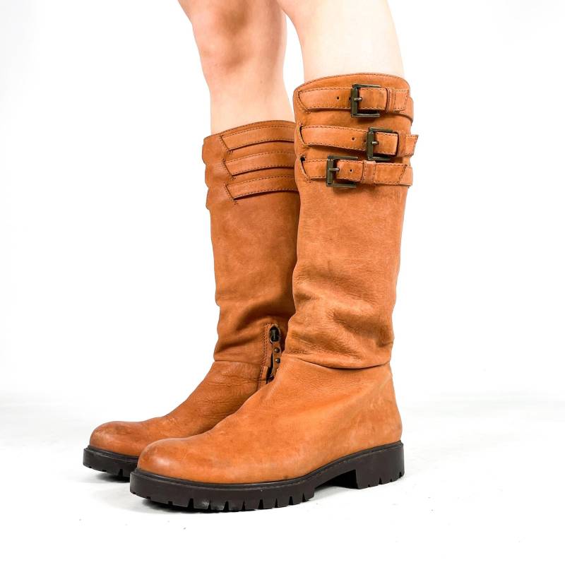 Orangefarbene Lederstiefel Mit Schnalle - Echtlederstiefel Dicker Sohle Eu 38/Uk 5 Us 7 von zephyry2k