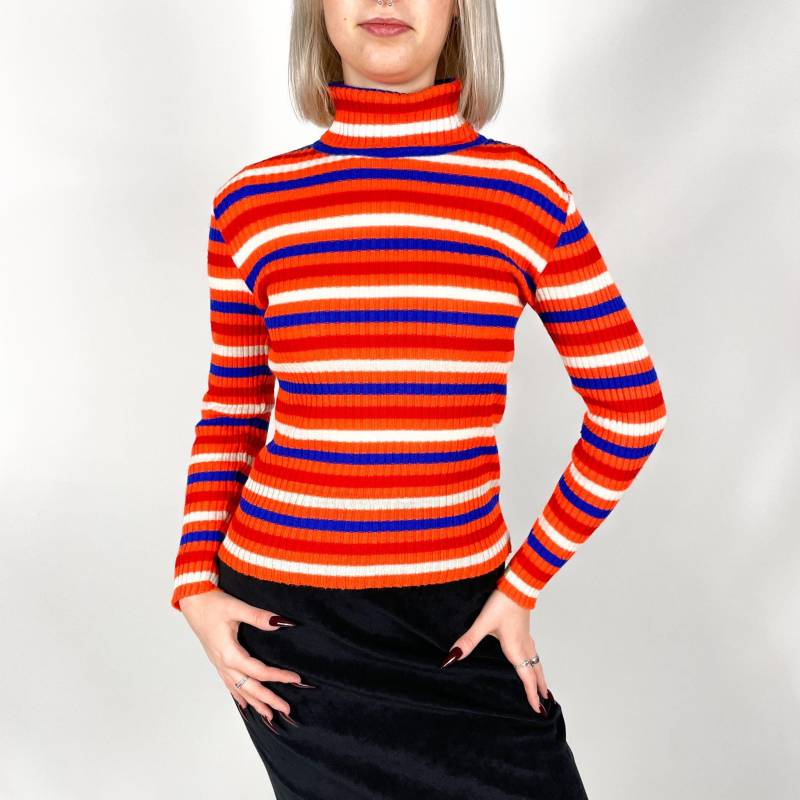Retro Gestreifter Gerippter Rollkragenpullover Xs - Orange Blau Weiß Langarm Stricktop Vintage Stil Damen Herbst Winter Pullover 90Er Jahre Mode von zephyry2k
