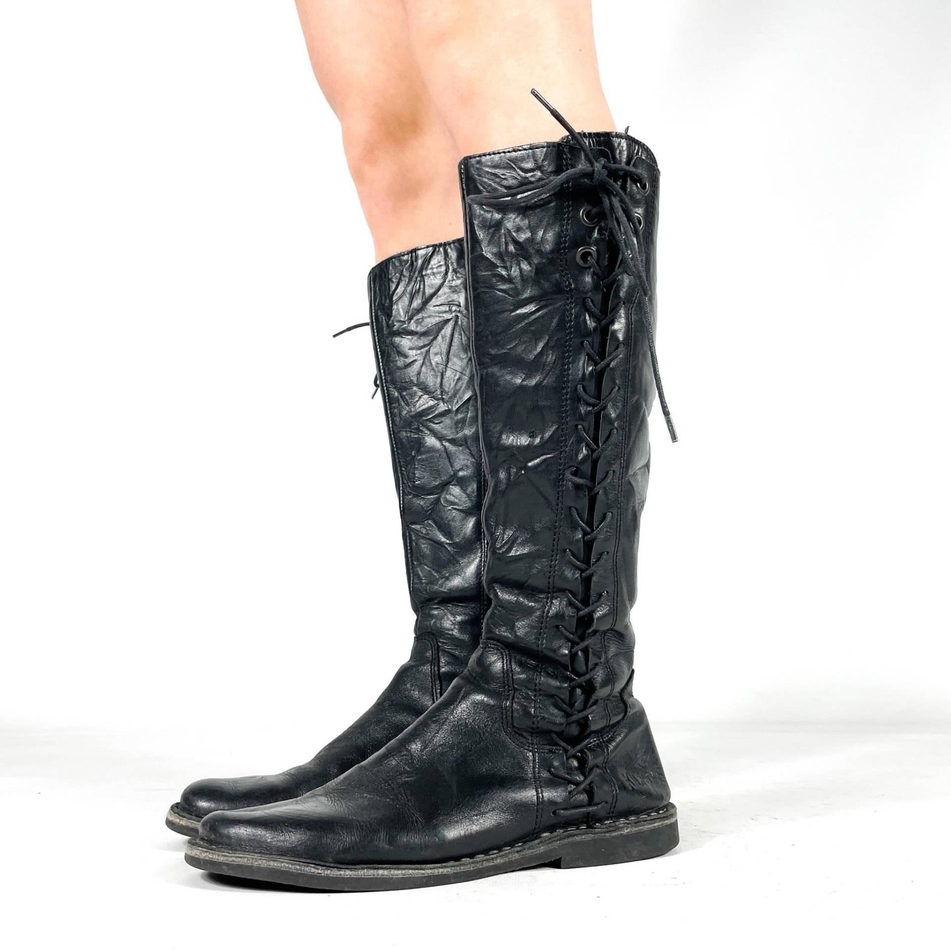 Schwarze, Hohe Schnürstiefel Aus Leder Für Damen - Seitliche Schnürung Im Vintage-stil Größe Eu 39/Uk 6 Us 8 von zephyry2k