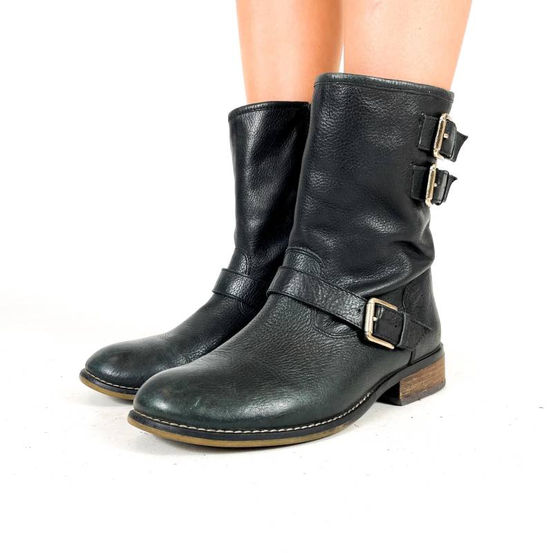 Schwarze Vintage-Bikerstiefel Aus Echtem Leder Bis Zur Wadenhöhe - Schnallenriemen Im Moto-stil Mit Holzabsatz Größe Eu 38/Uk 5 Us 7 von zephyry2k