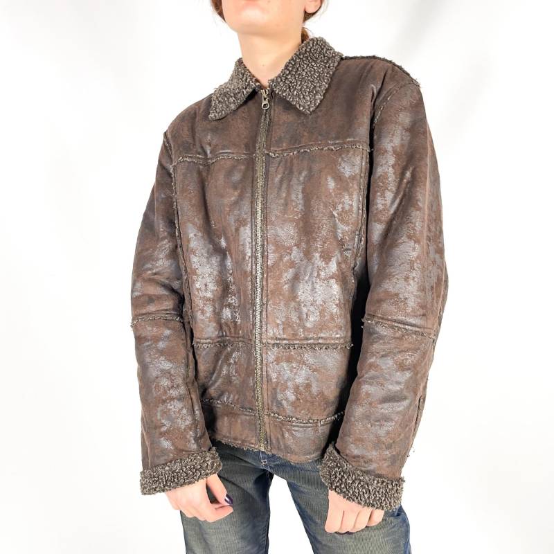 Vintage Braune Shearling-Jacke - Damen-Wintermantel Im Fliegerstil Warmes Kunstschaffell Mit Flauschigem Kragen Größe M von zephyry2k