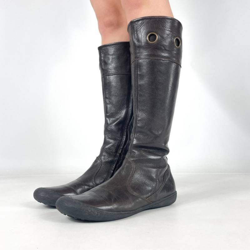 Vintage Dunkelbraune Kniehohe Bikerstiefel Aus Echtem Leder Mit Flacher Sohle Im Y2K-stil - Größe Eu 38/Uk 5 Us 7 von zephyry2k