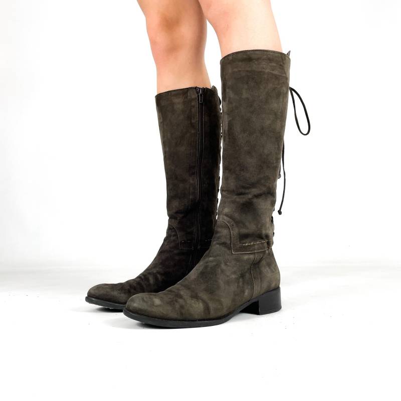 Vintage-Kniehohe Wildlederstiefel in Dunkelbraun - Boho-stil Mit Schnürung Hinten Größe Eu 37/Uk 4 Us 6 von zephyry2k